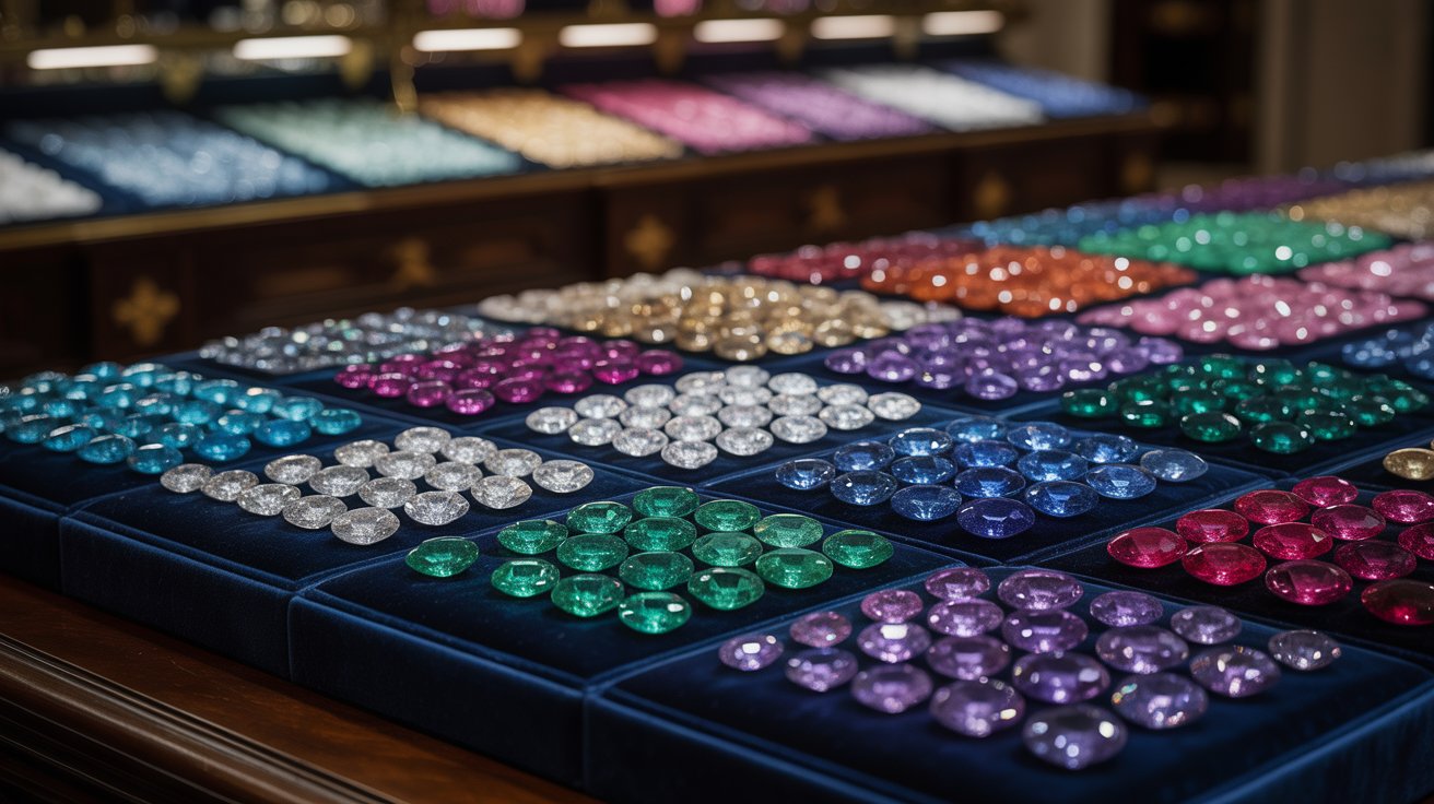 Premium gemstone supplier displaying a wide selection of high-quality, ethically sourced gemstones in various colours and cuts, showcasing unmatched authenticity and craftsmanship.